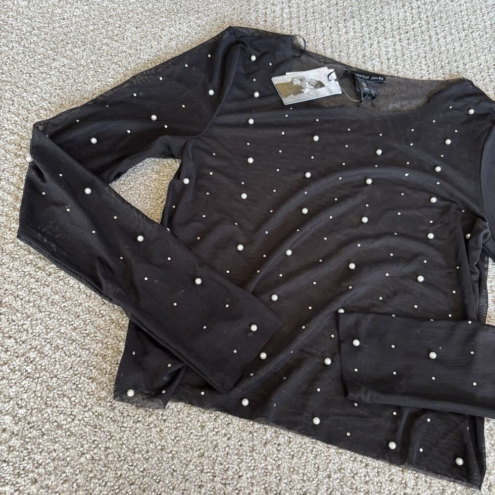 Womens Rhinestone Pearl Mesh See-through Long Sleeve Crop Tops Blouse Shirt Med - Picture 8 of 8